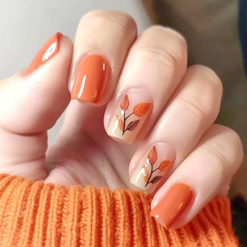 Fall Leaf Press on Nails Thanksgiving Pumpkin False Nails with Design Medium Square Artificial Stick on Nail Glossy Autumn Maple Leaves Acrylic Glue