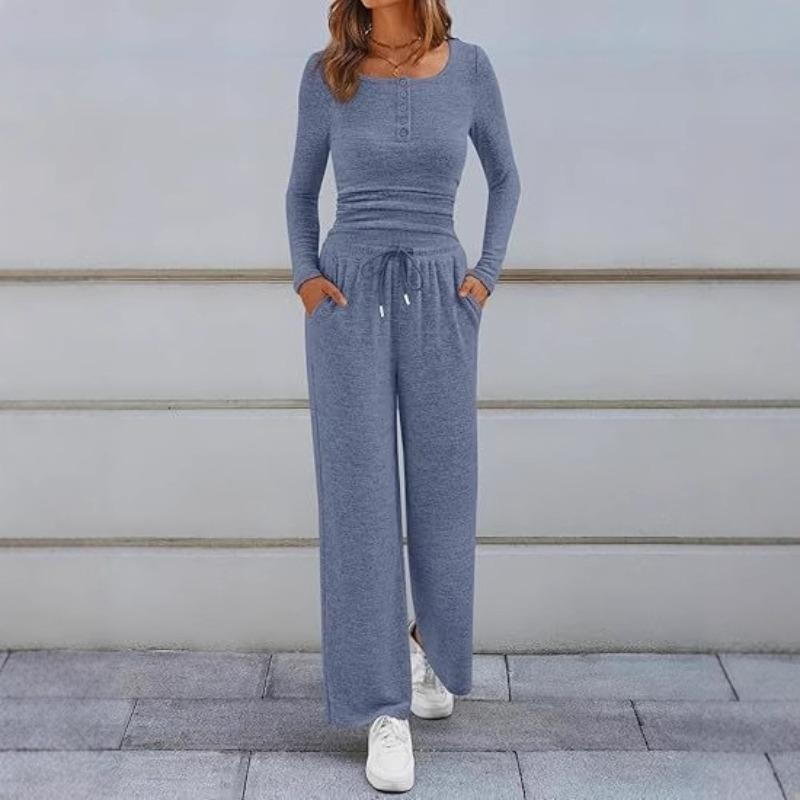 New Fall Sports Set Solid-Color Top and Wide-Leg Pants Two-Piece Set for Women