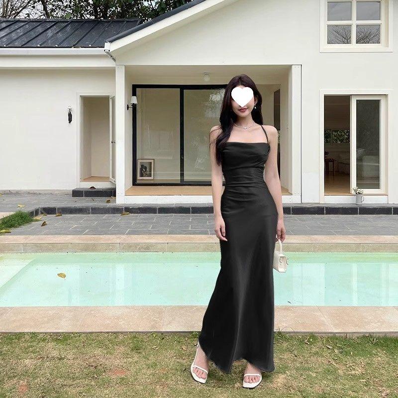 Elegant French Satin Slip Dress with Lace-Up Waist and Long Silhouette