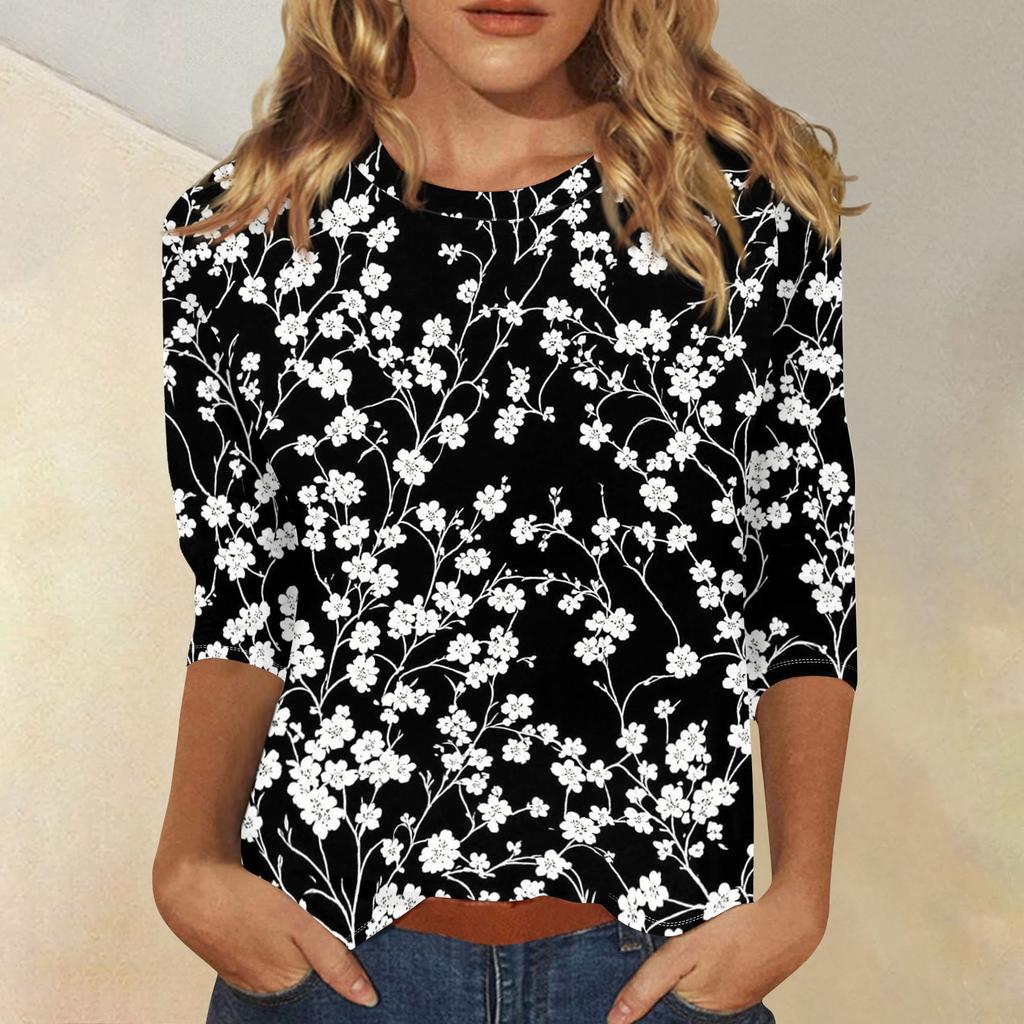 Damen Freizeit Oberteil mit Blumendruck, Dreiviertelärmel, Rundhalsausschnitt, Leicht, Bequeme Passform, Stilvolles Design, Geeignet für den Alltag