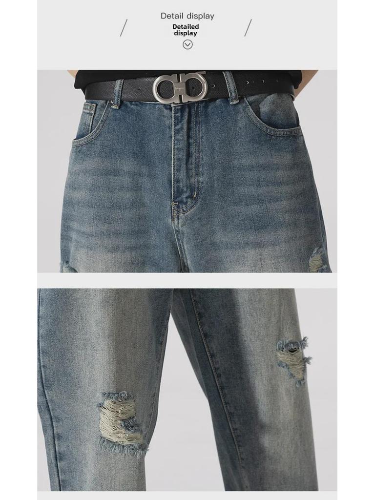 LKTM Men's Ripped Jeans: Summer New Style, Retro Washed, American Trend, Straight Fit.