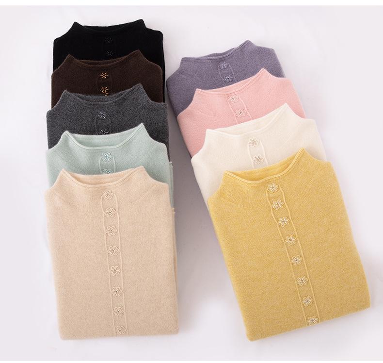 Lekasha Pure Cashmere Hand-Beaded Half-High Collar Cardigan Coat for Women