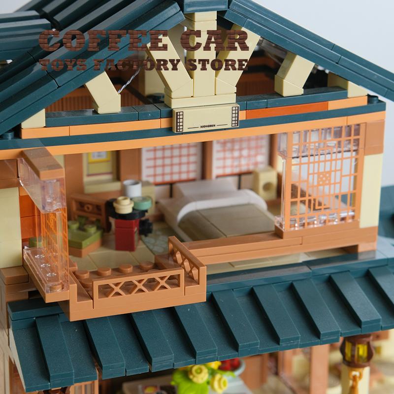 Japanese View Wooden House MOC Bricks City LED Log Cabin Building Blocks Toys Tatami Room Plastic Model Adult Kids Birthday Gift