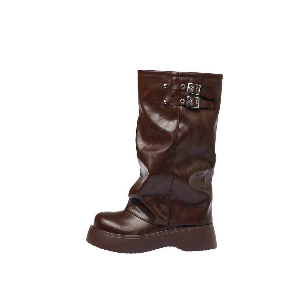 Women's Knee-High Platform Boots with Thick Soles, Height-Increasing Ruched Design, Martin Style, Sizes 34-45.