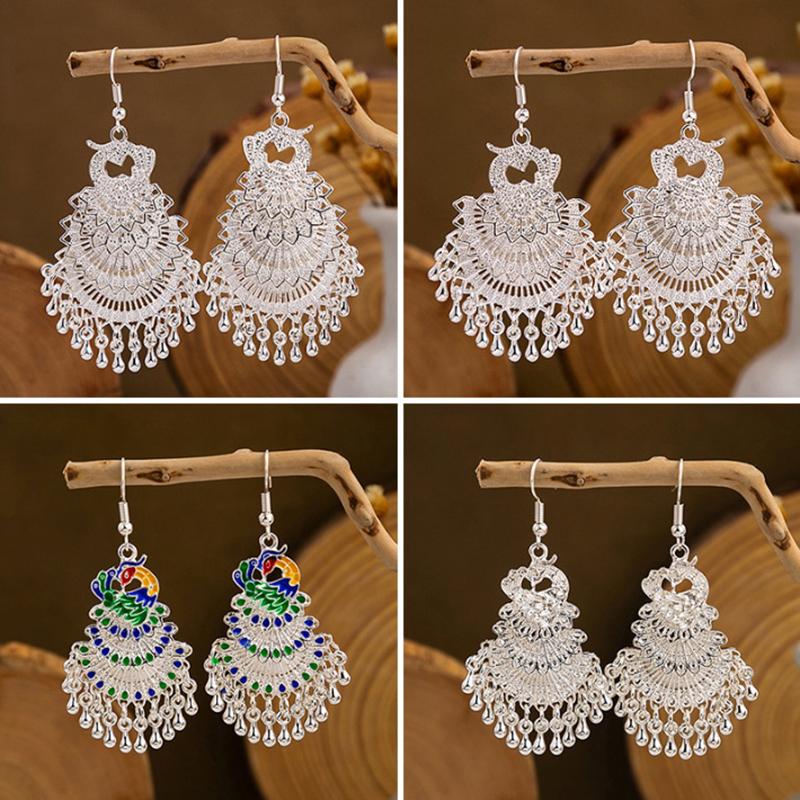 1Pair Peacock Earrings For Women Ethnic Earrings Pendientes Boho Bell Tassel Vintage Broncos Jewelry