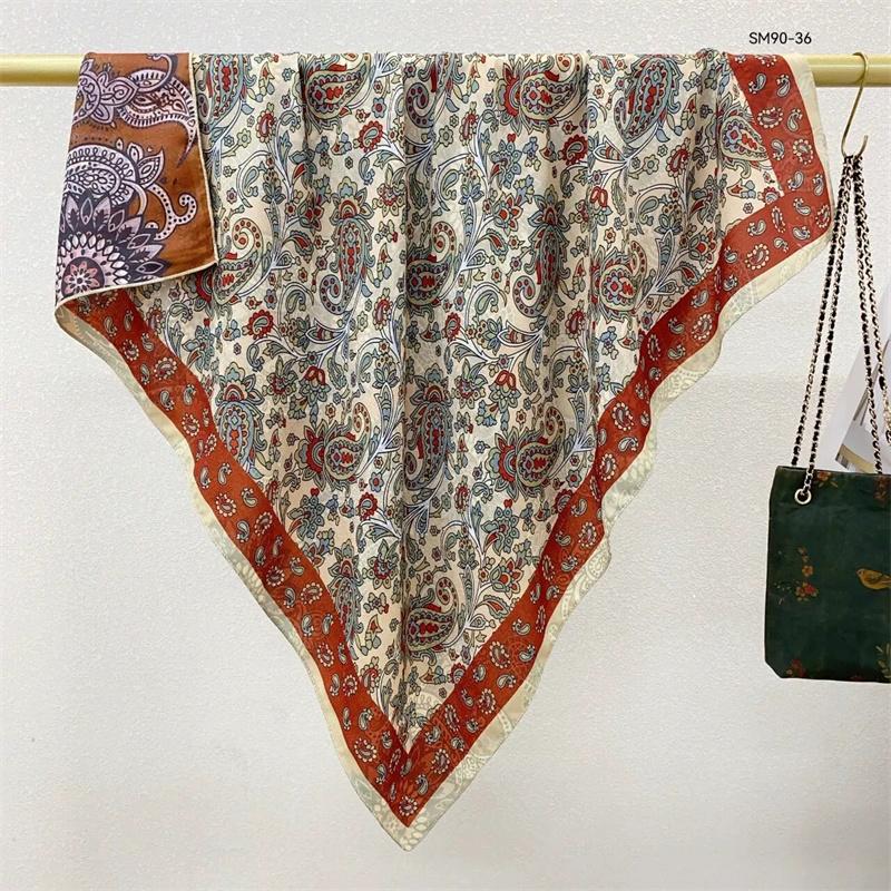Double-Sided Faux Silk And Wool Printed Scarf For Women Spring And Autumn 90Cm Square Scarf Foulard Bandana Femmel Headscarf