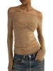Tossy Mesh Sheer Off-Shoulder Top Shirt For Women New Long Sleeve See-Through Lace Knit Pullover Tops Summer Mesh Top Tee Shirt