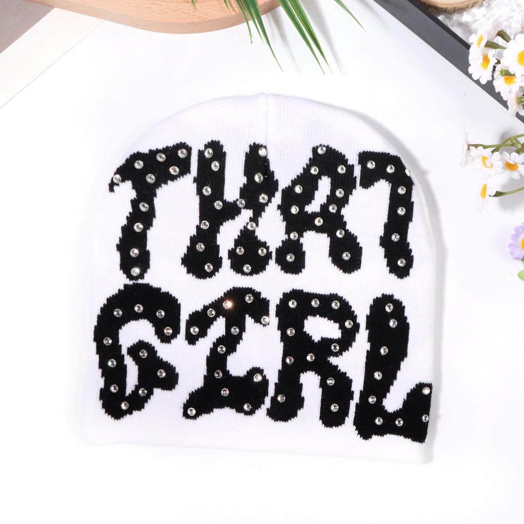 Fashion Pattern Letter Rhinestone Decoration Women Casual Warm Knitted Hat