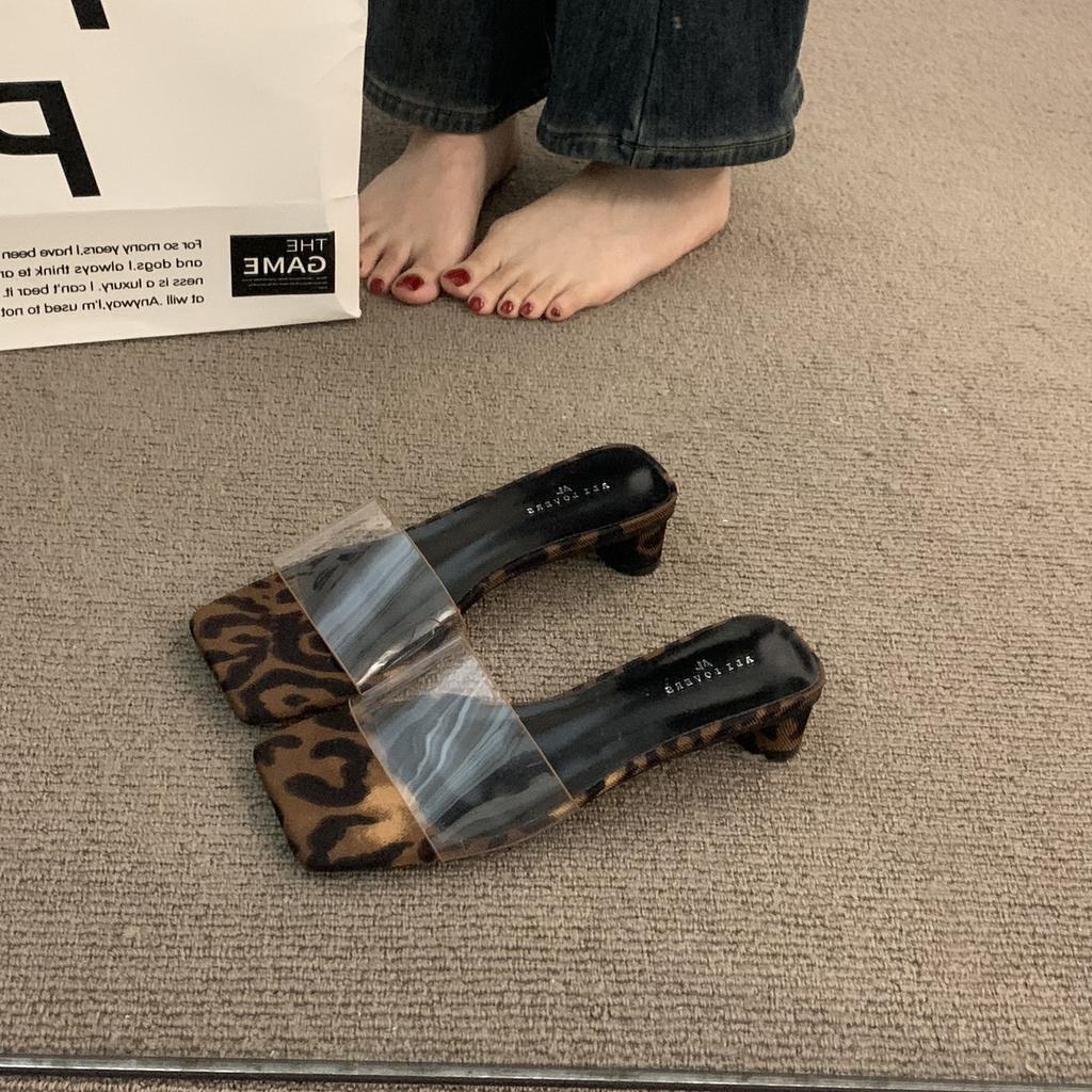 French Burgundy Transparent Belt Thick Heel Temperament One-word Slippers Fashion Middle Heel Sandals Travel Exquisite Sandals