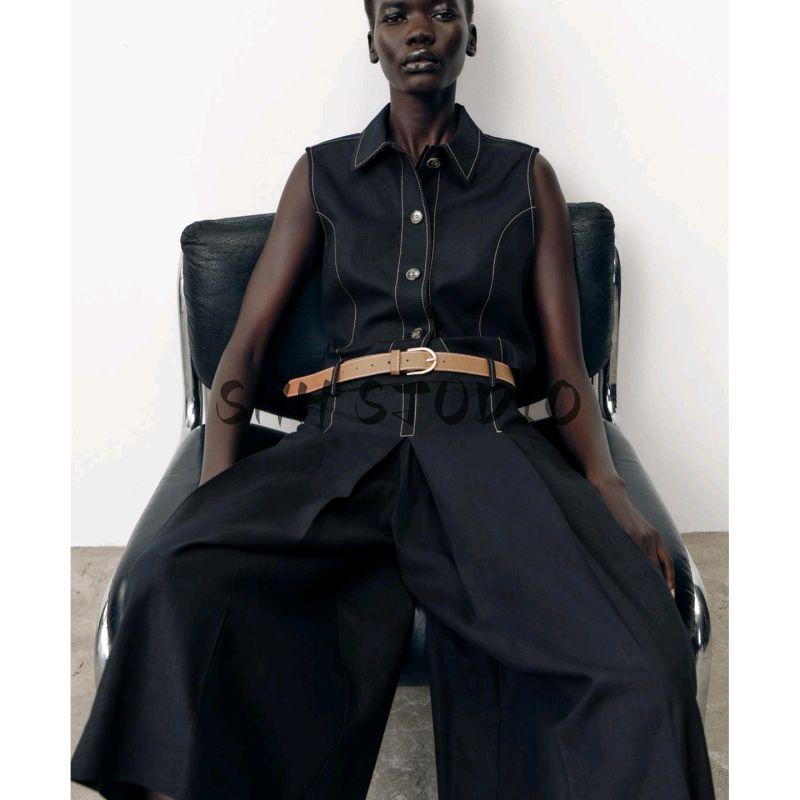 Contrast Color Thread Straight-leg V Neck Vest Jacket 8333723 Pleated Belt Minimalist Casual Pants 8288723