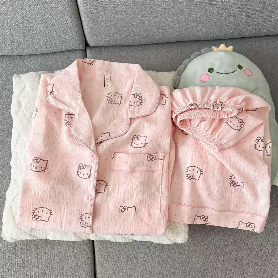 

Japanese sweet pink polka dot Hello Kitty pajamas women s summer short-sleeved shorts cardigan two-piece women s loungewear S
