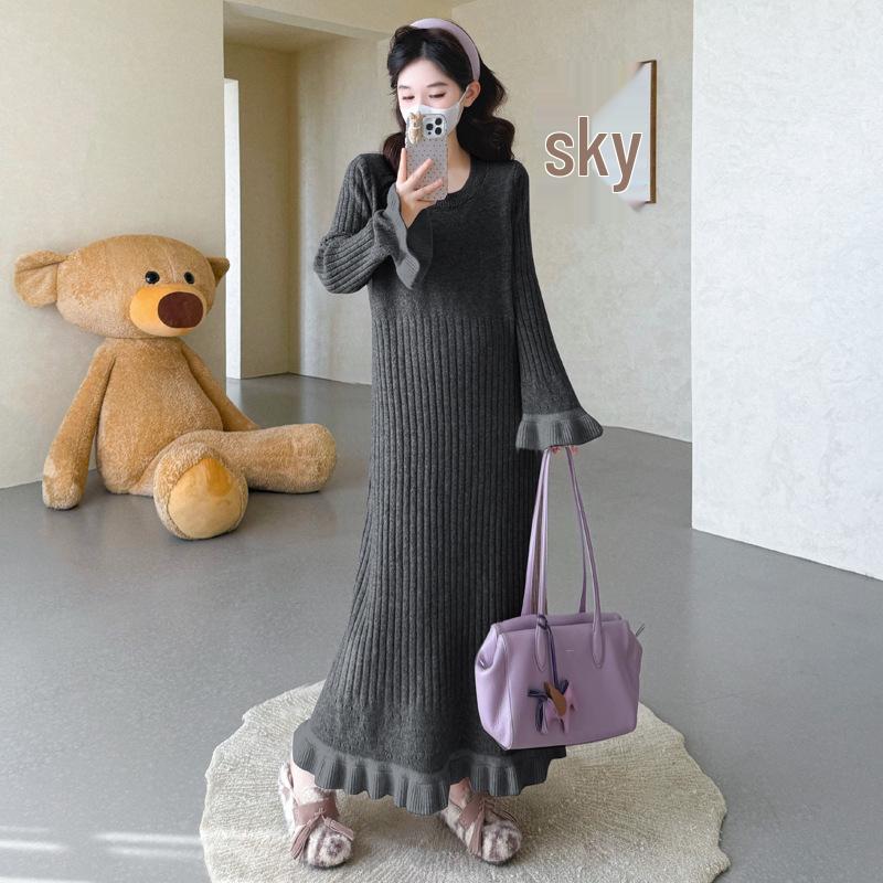 

2025 Fall/Winter Pink Color Block Lace Ribbed Knit Maternity Sweater Dress XXL