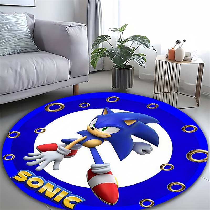 Sonic The Hedgehog Neon Sonic Logo Round Area Rug Non Slip Game Cartoon Kids Bedroom Floor Carpet