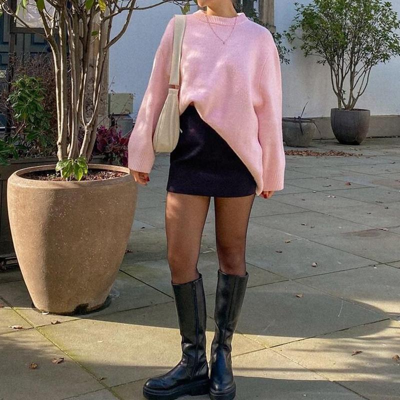 Women Sweaters Knit Basic Pullover Long Sleeve Round Neck Solid Spring Streetwear Knitwear Loose Elegant Jumper Female Tops