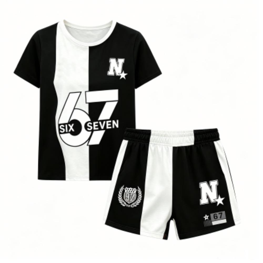 Women s Letter 67 color blocking Printed Outdoor Street Women s T-shirt and Shorts 2 Piece Set Summer Casual Outfit Men s and Women s Sports Set XXS