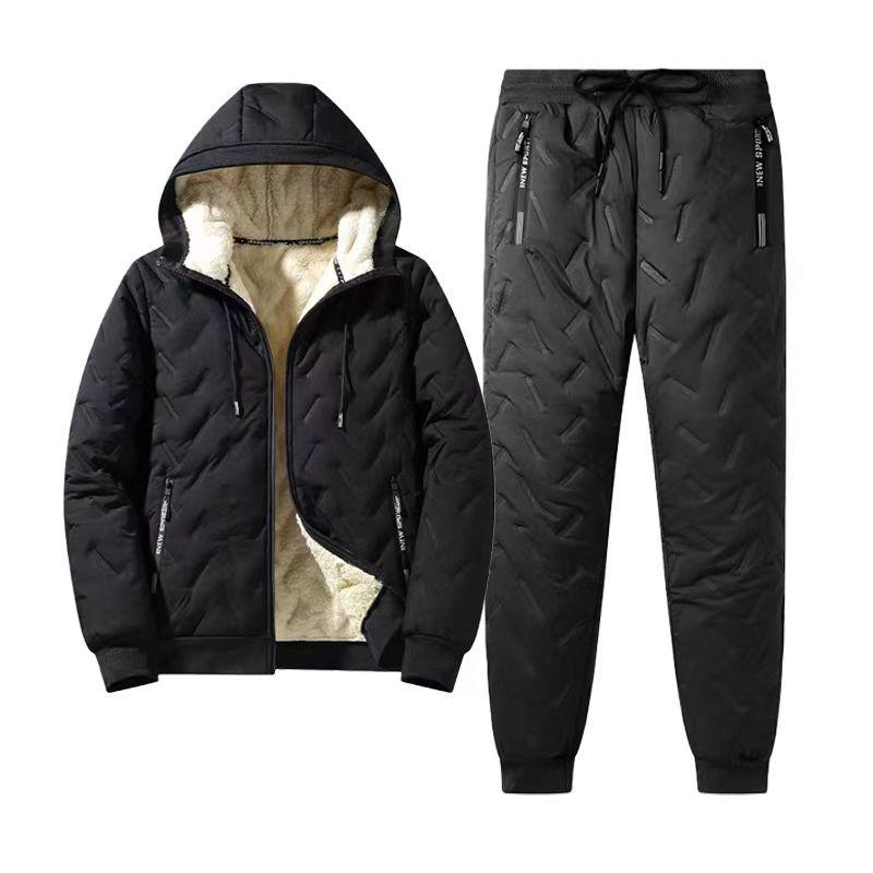 Men's Warm Hooded Ultrasonic Lambswool Coat & Plus Velvet Cotton Pants Set for Winter Cold Protection