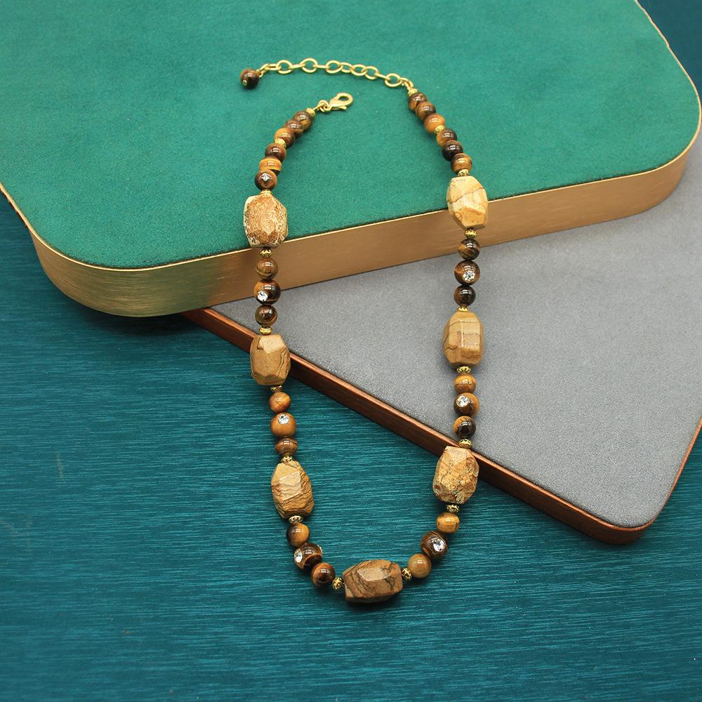 Natural Tiger'S Eye Stone Picture Stone Crystal Stone Necklace Round Bead Inlaid Rhinestone Stud Earrings Light Luxury Stud Earrings