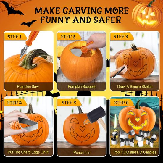 Halloween Kürbisschnitzset, Edelstahl-Ausstecher-Set, DIY Jack O'Lantern Werkzeug zur Kürbisdekoration, Backgeschenk