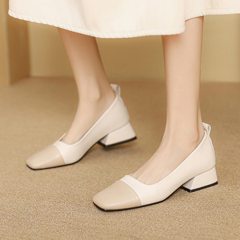 New women's fashion single low heel large size rubber sole square heel color matching casual and comfortable square head four seasons wear smal