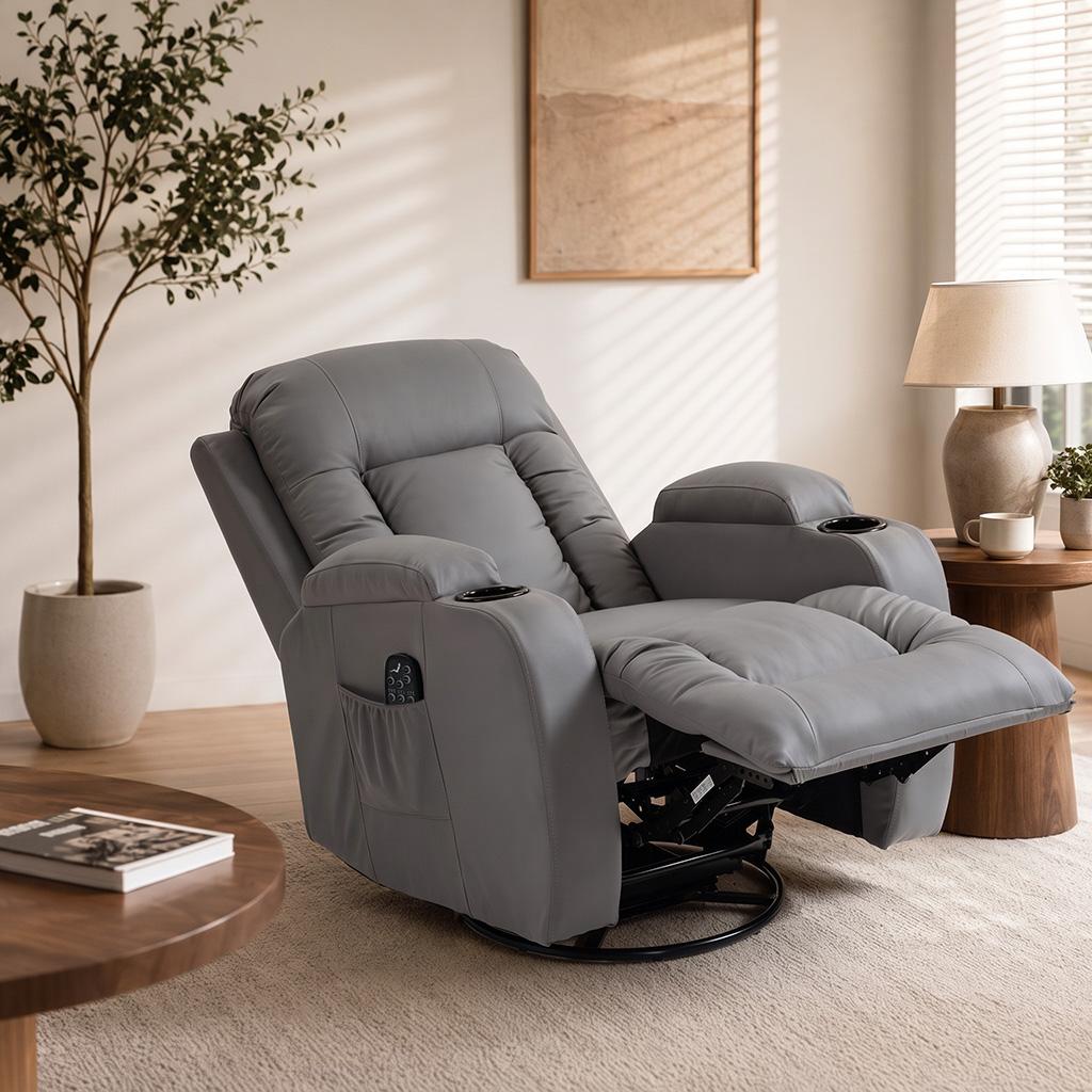 Reclining Massage and Heating Chair, Adjustable Backrest, Swivel, 82 x 99 x 103 cm, Light Gray