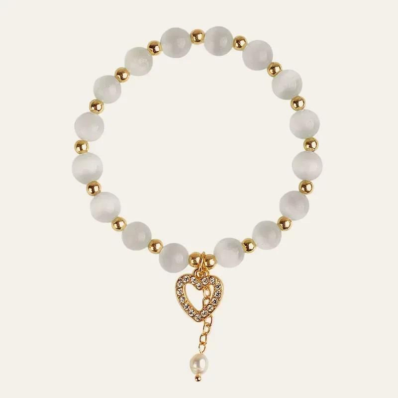 Kirykle Natural Crystal Bracelet for Women White Opal Stone Pearl Fashion Lucky Four-leaf Clover Women's Jewelry Bangles Gift
