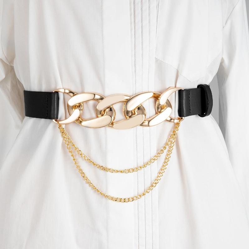 1pc Golden Elastic Stretchy Metal Buckle Metallic Crocodile Embossed Chain Decor Women Belt Girdle For Dress Party Halloween Summer, School Fall