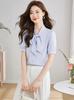 Bowtie Blouse for Long Short Loose Everyday Summer Short Sleeve [billevan] Women, Shirt, Sleeve, Sleeve, Chiffon, Ribbon, Bowtie, Refreshing, Top,