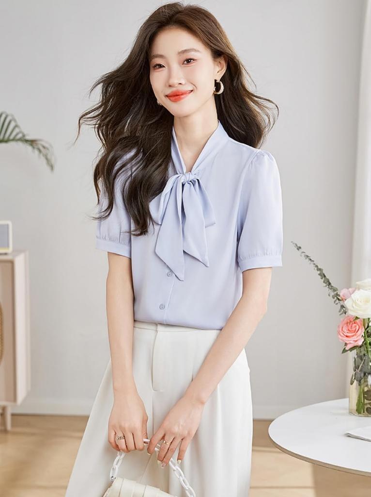 Bowtie Blouse for Long Short Loose Everyday Summer Short Sleeve [billevan] Women, Shirt, Sleeve, Sleeve, Chiffon, Ribbon, Bowtie, Refreshing, Top,