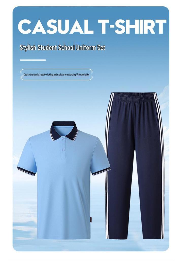 Light Blue Short-Sleeve Polo School Uniform Set for Middle and High School Students