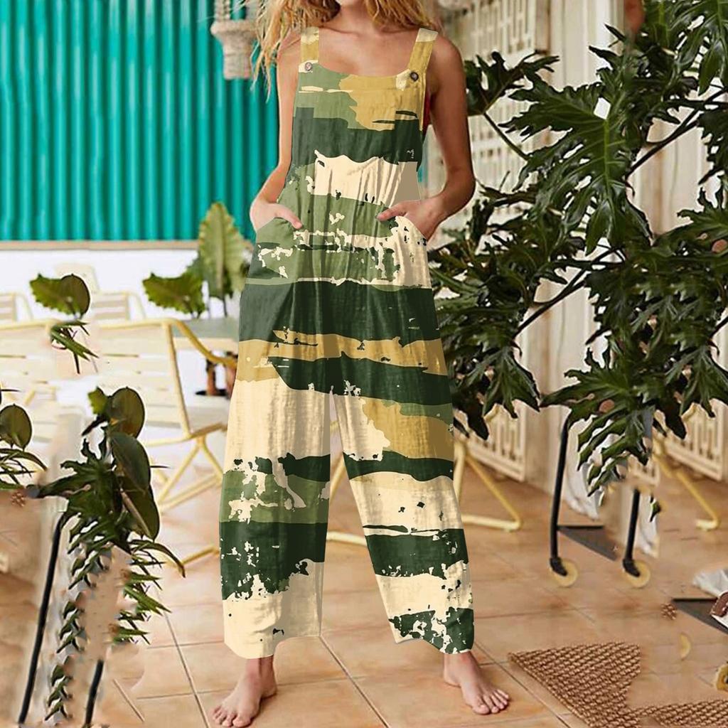Womens Casual Overalls Jumpsuits Adjustable Straps Sleeveless Print Comfy Rompers With Pocket