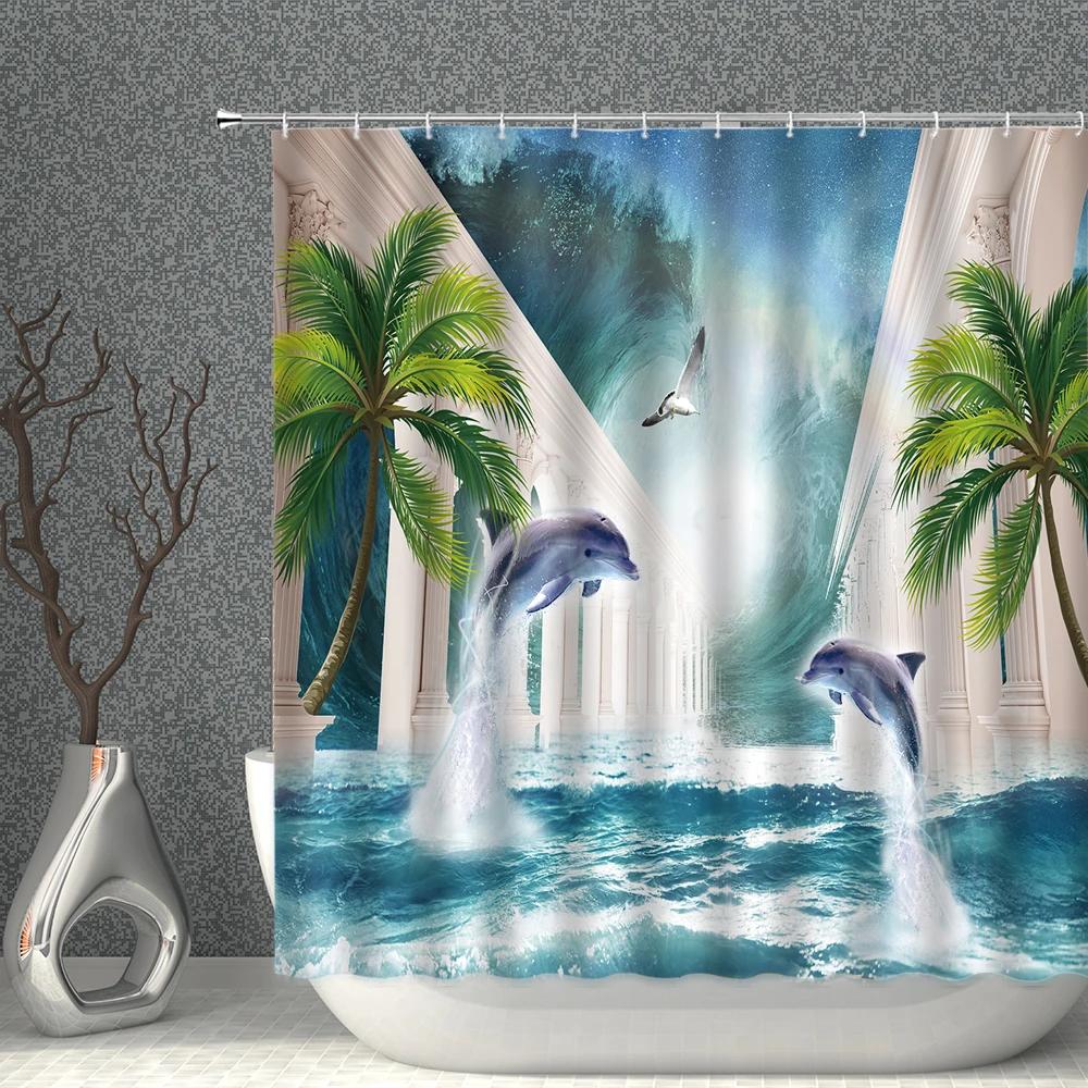 Marine Animal Underwater World Shower Curtain Waterproof Polyester Fabric Whale Dolphin Background Home Decoration With Hooks