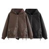 2024 Autumn Women's European & American Style Hooded Faux Leather Long Sleeve Loose Jacket