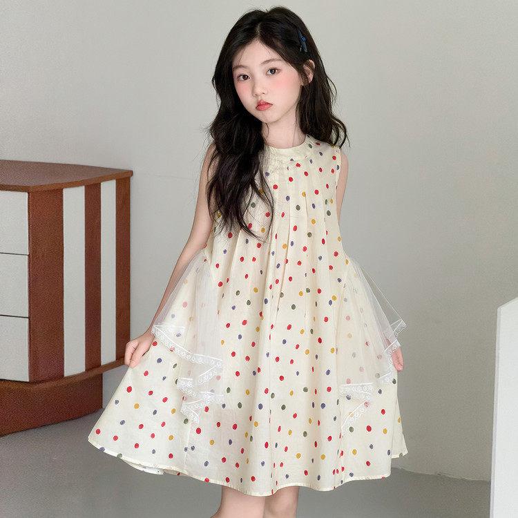 2026 Girls Sleeveless Polka Dot Mesh Midi Dress - Korean Style Sweet Summer Princess Dress 170 cm