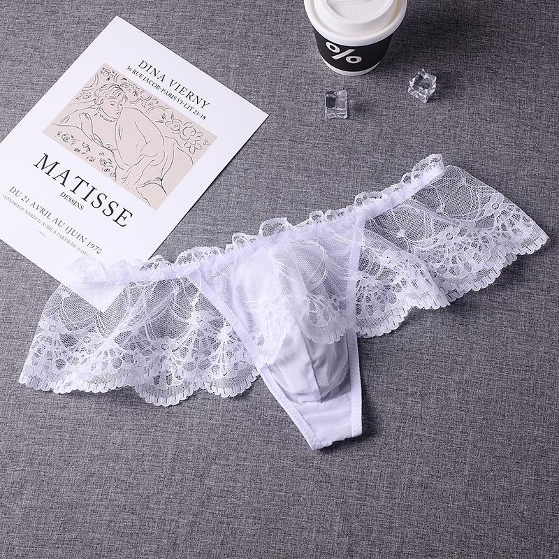 Gay Men Panties Sissy Lace Mini Skirt Thong Perspective Lingerie Crossdressers Underwear Bugle Pouch Underpant T-Back G-String
