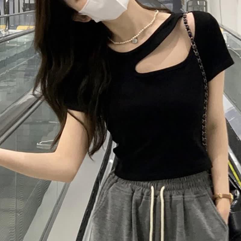 Shuangxing Women's Hollow-Out Knit Short-Sleeve T-Shirt