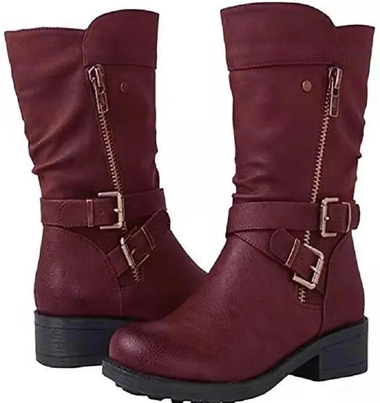Shoes Women's Leather Boots Retro Belt Buckle Mid Calf Boots Round Toe 2025 New Water Proof Casual Boots Women Botas De Mujer