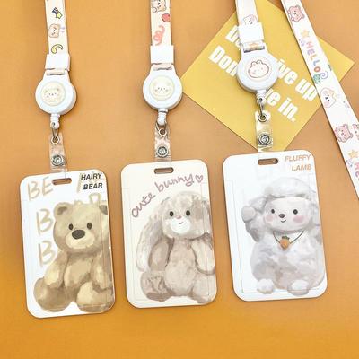 Cute ID Card Holder Lovely Cartoon Bear Sheep Bunny Badge Reel Lanyard Card Sleeve Kawaii Student Kpop Idol Photocard Organizer