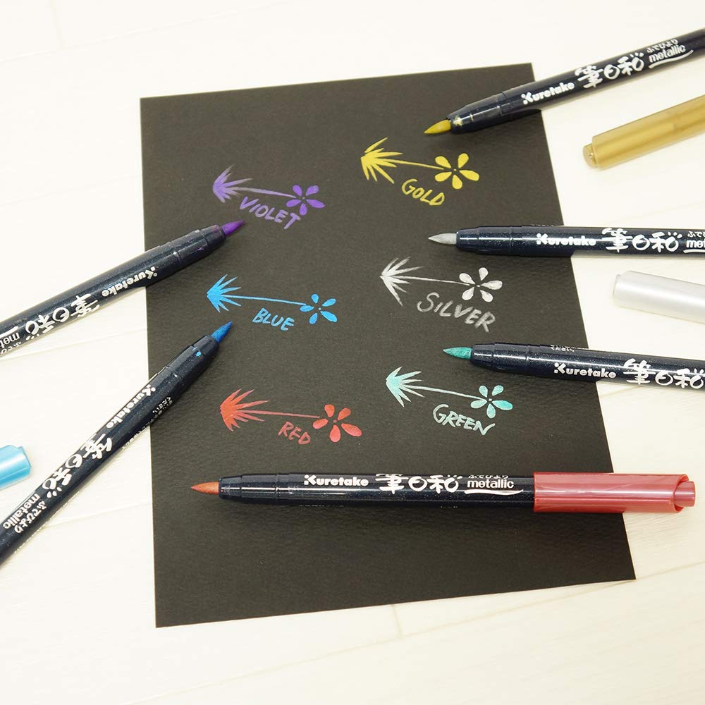 Kuretake Brush Pen Set Metallic 6 Colors CBK-55ME/6V - Water-Based Brush Tip for Calligraphy and Crafts