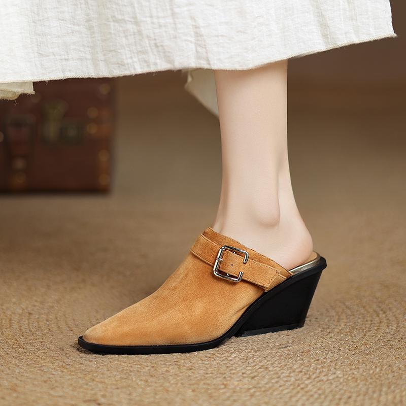 Fashion 2025 New Brand Sandal Retro Ladies Sheep Suede Fashion Chunky Heels Summer Wedges Mules Slippers Women Casual Office Shoes Woman