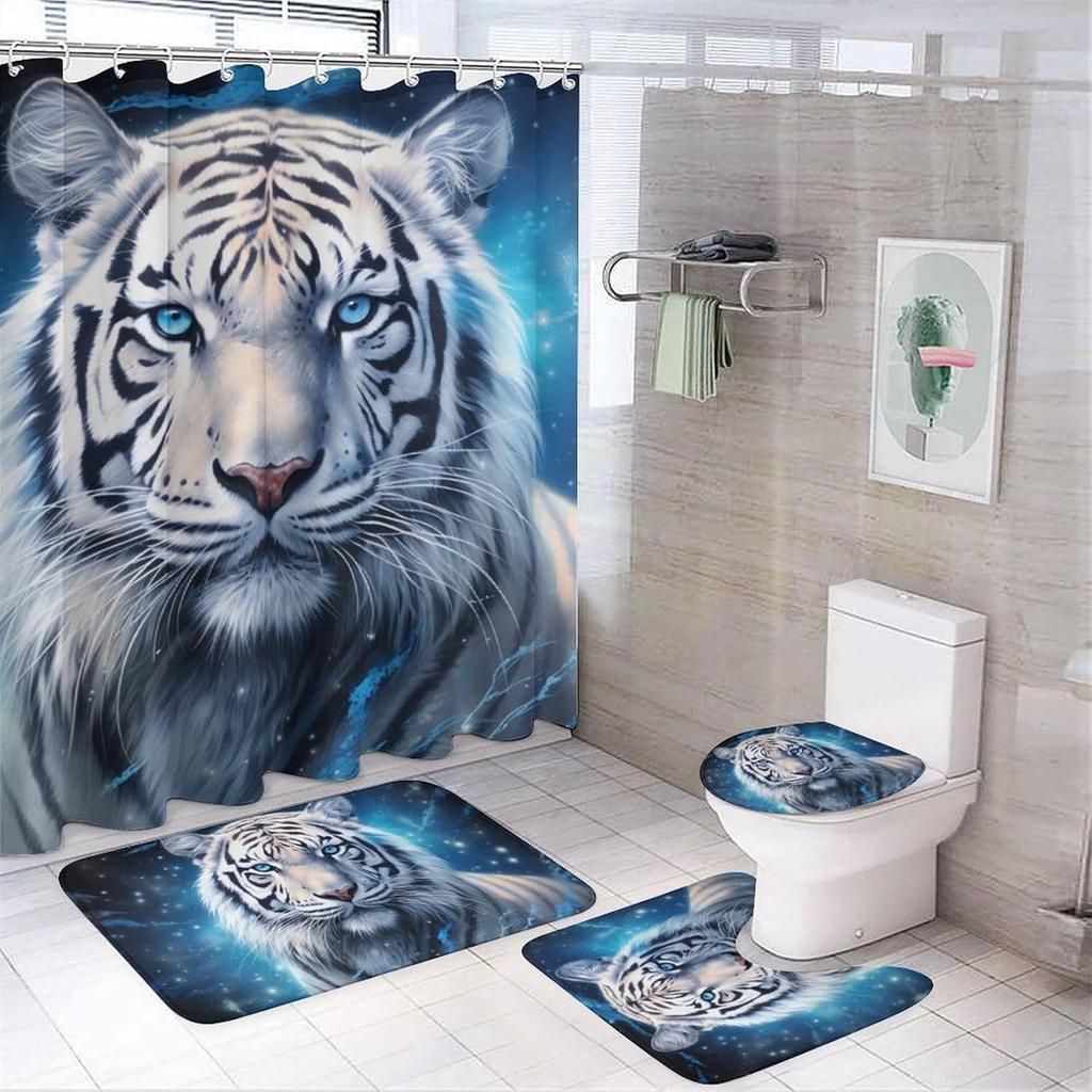 Moon White Tiger Shower Curtain Sets With Rugs Toilet Lid Cover And Bath Mat Fantasy Wild Animals Forest Shower Curtains With 12