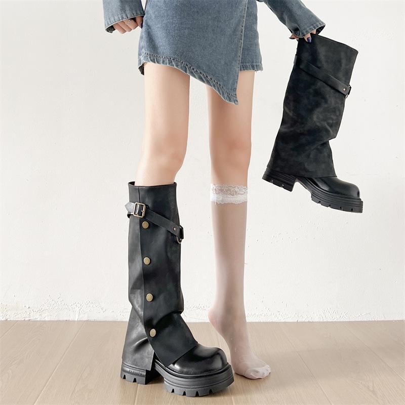 Black retro thick heel platform boots women's shoes 2025 new autumn British style thin but knee trouser boots