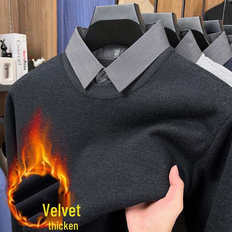 Men's Two-in-One Fleece-Lined Knit Sweater with Shirt Collar for Autumn/Winter