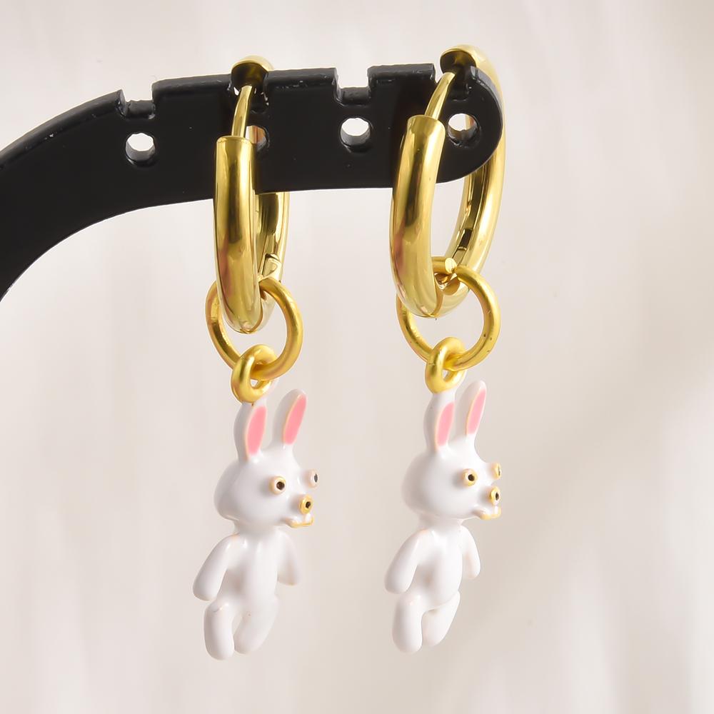 Gold Color Stainless Steel Round Hoop Earring Cartoon Animal Cat Paw Bunny Lobster Alloy Pendant Earrings For Women Girl Jewelry