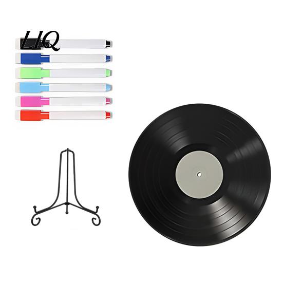 Retro Wall Decorations Vinyl Record DIY Graffiti Clock Ornament, Blank Acrylic Tabletop Reusable Drawing Surface Decor with Stand, Personalized