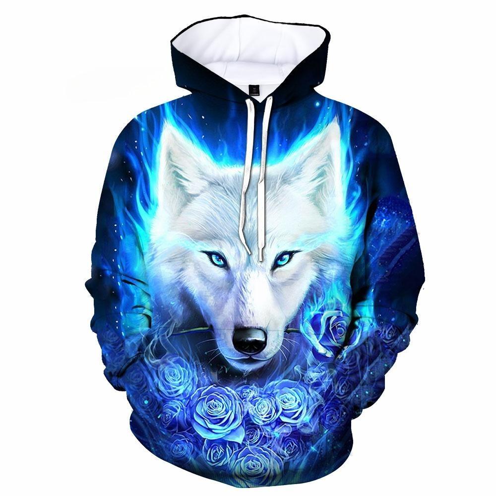 Twin Moon Wolves Hoodie, Men's Autumn Winter Fleece Sweatshirt, Two Wolves Under Moonlight Print Pullover for Nature Style Photo Shoots