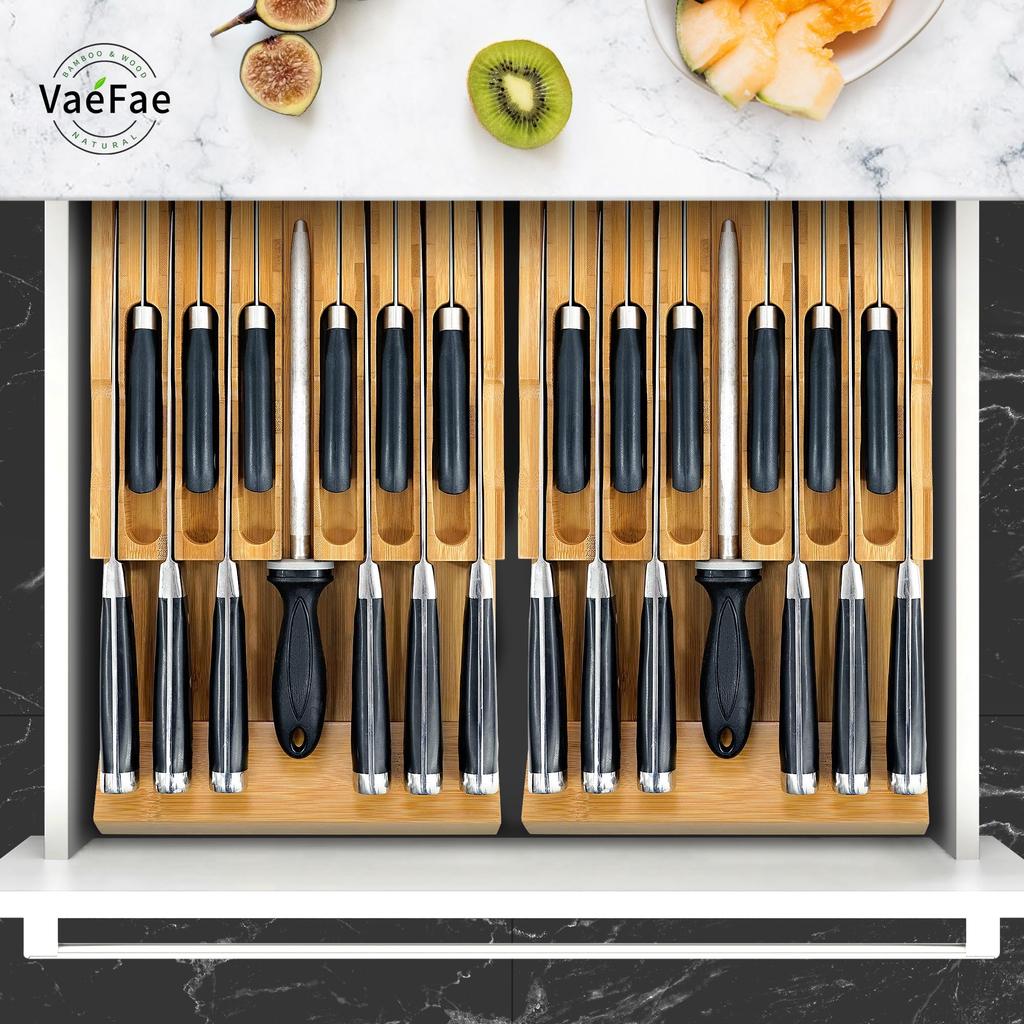 VaeFae Bamboo Knife Drawer Knife Drawer Organizer Kitchen Drawer Knife Block for 12 Plus Slot for Knife Sharpener Organizer, Insert, Knives, (No