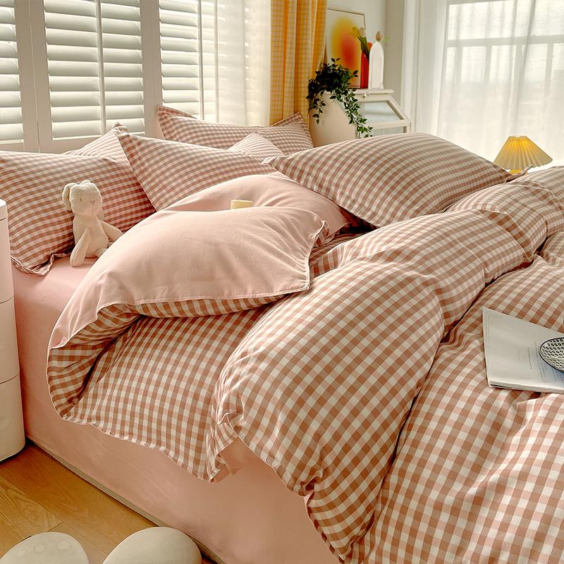 Soft Color Block Checkered Bedding Set Comfy 100% Washed Cotton Blue Plaid Duvet Cover Set King Queen Size Comforter Cover Sheet