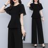 Women's Black Chiffon Shirt & High-Waisted Wide-Leg Pants Two-Piece Set for Summer