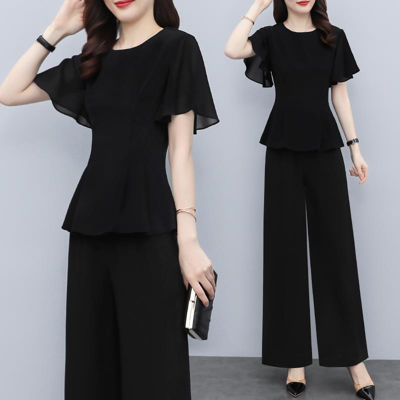 Women's Black Chiffon Shirt & High-Waisted Wide-Leg Pants Two-Piece Set for Summer
