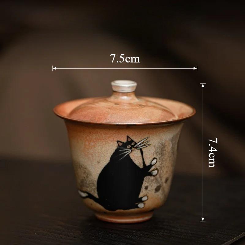 

1pc Ceramic Cat Lid Bowl Hand Drawn Cat Bowl Cover Household Tea Bowl Kung Fu Tea Set Accessories Ceramic Cups Kitchenware 100ml